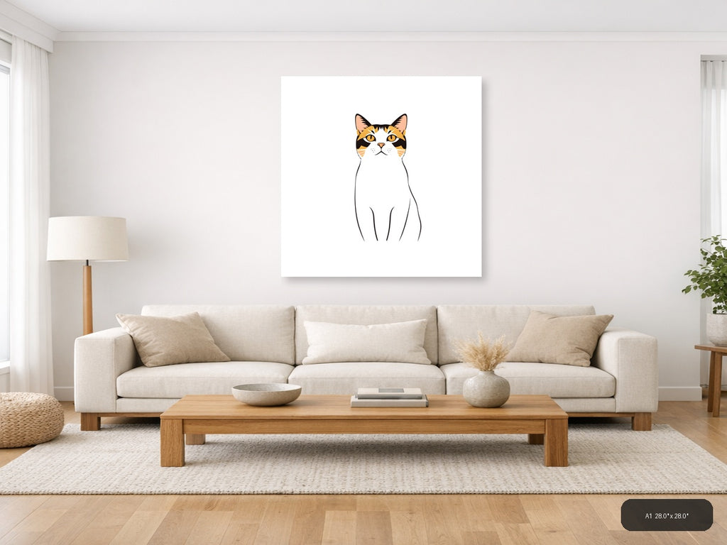Calico Cat with Golden Eyes | Minimalist Line Art Wall Art — A1 (Living Room)