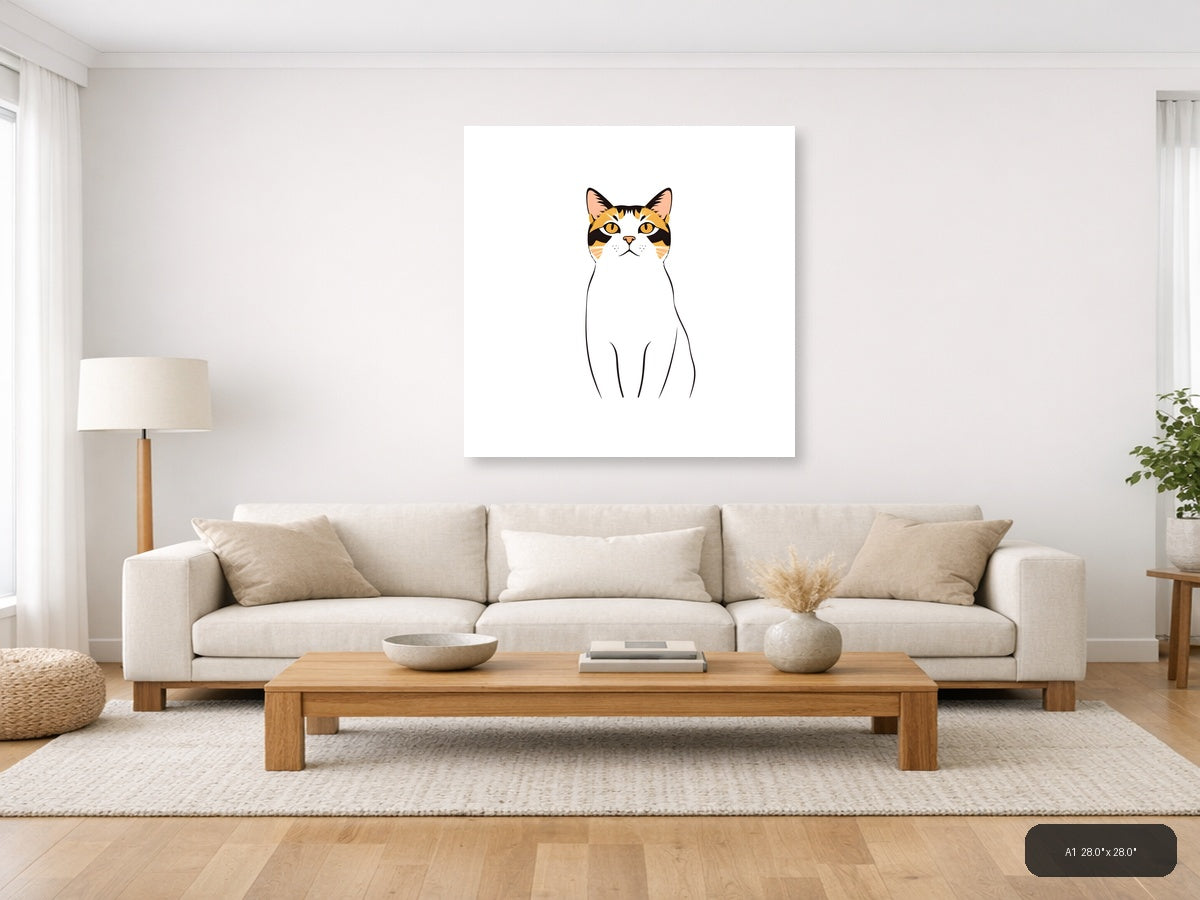 Calico Cat with Golden Eyes | Minimalist Line Art Wall Art — A1 (Living Room)