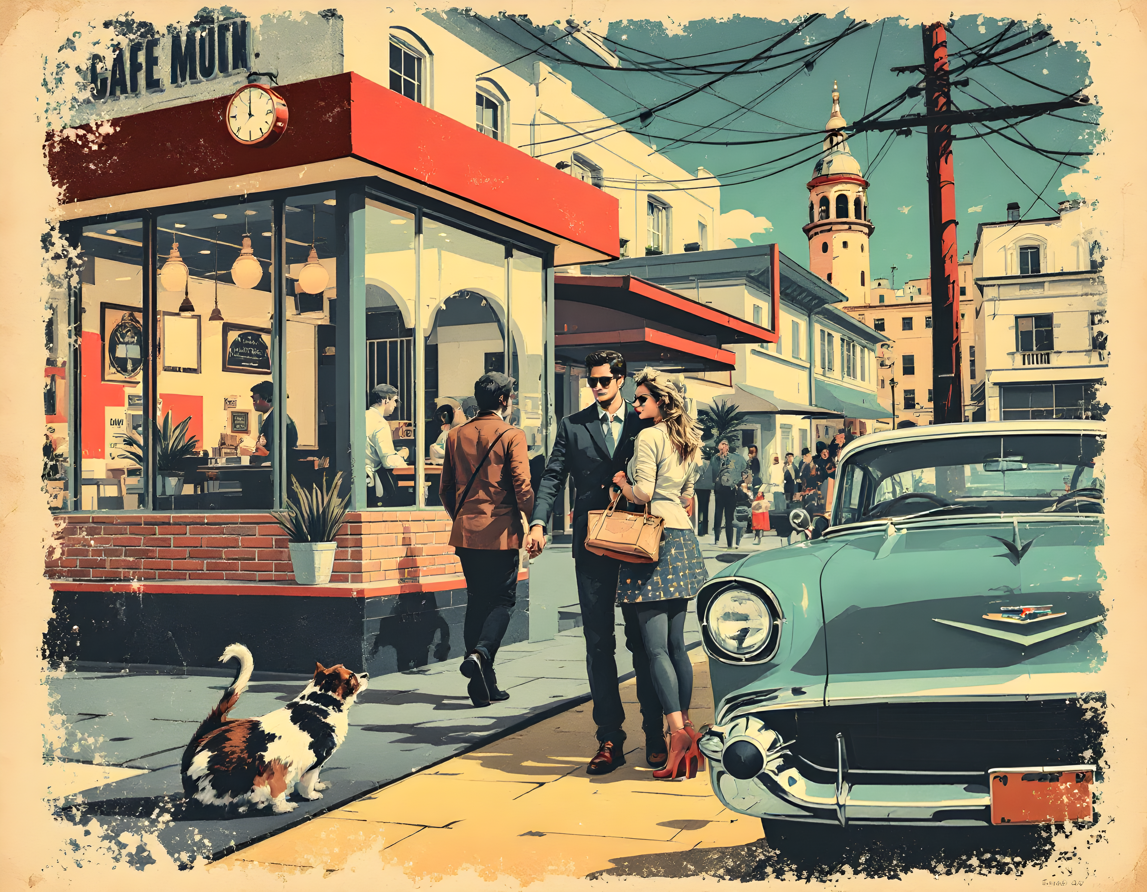 Vintage Café Street Scene with Retro Car Wall Art