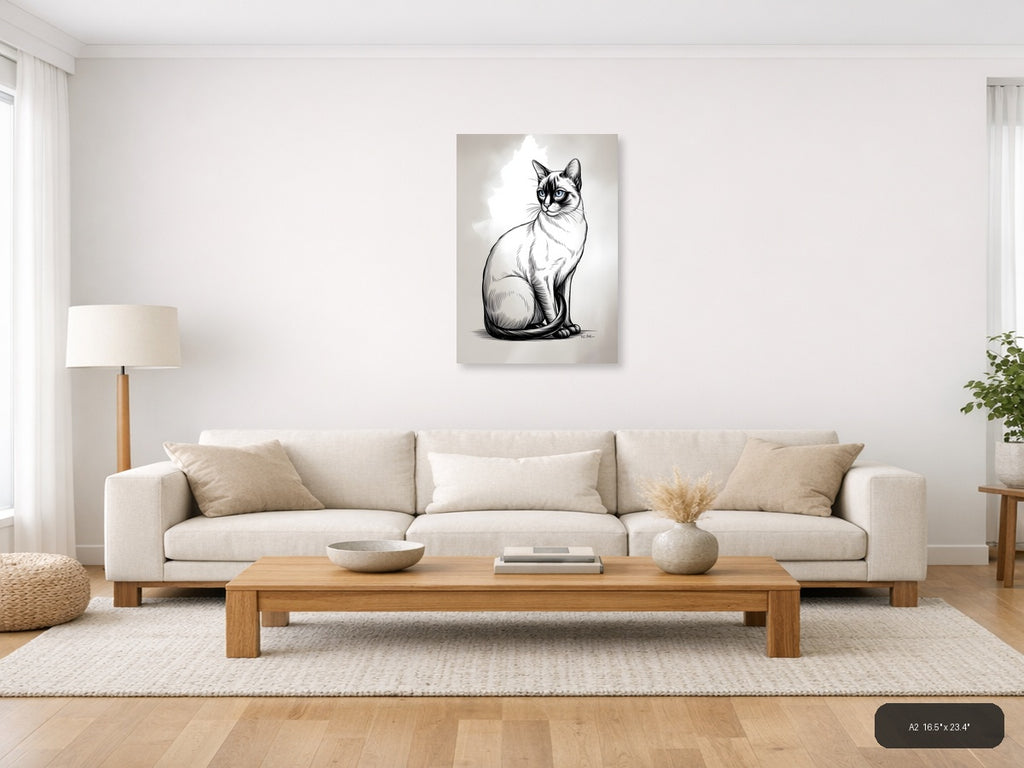 Sitting Cat with Blue Eyes Line Art Wall Art — A2 / Living Room