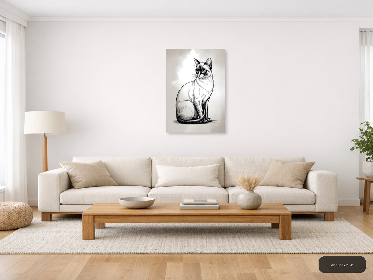 Sitting Cat with Blue Eyes Line Art Wall Art — A2 / Living Room