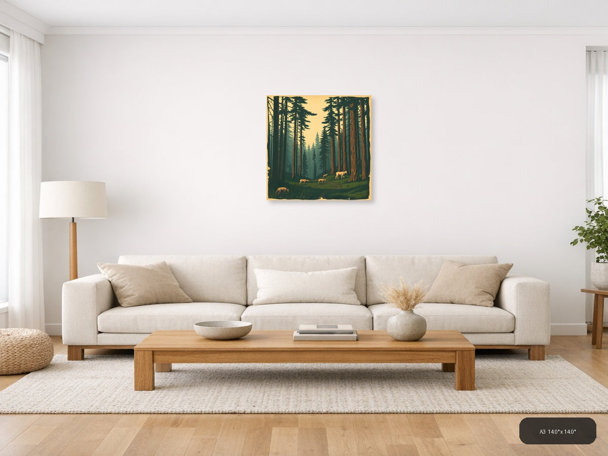 Vintage Forest Deer Valley Landscape Wall Art — A3 / Living Room