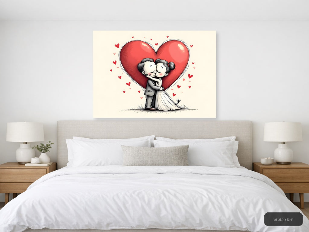 Couple Kissing Heart Line Art Wall Art — A1 / Bedroom
