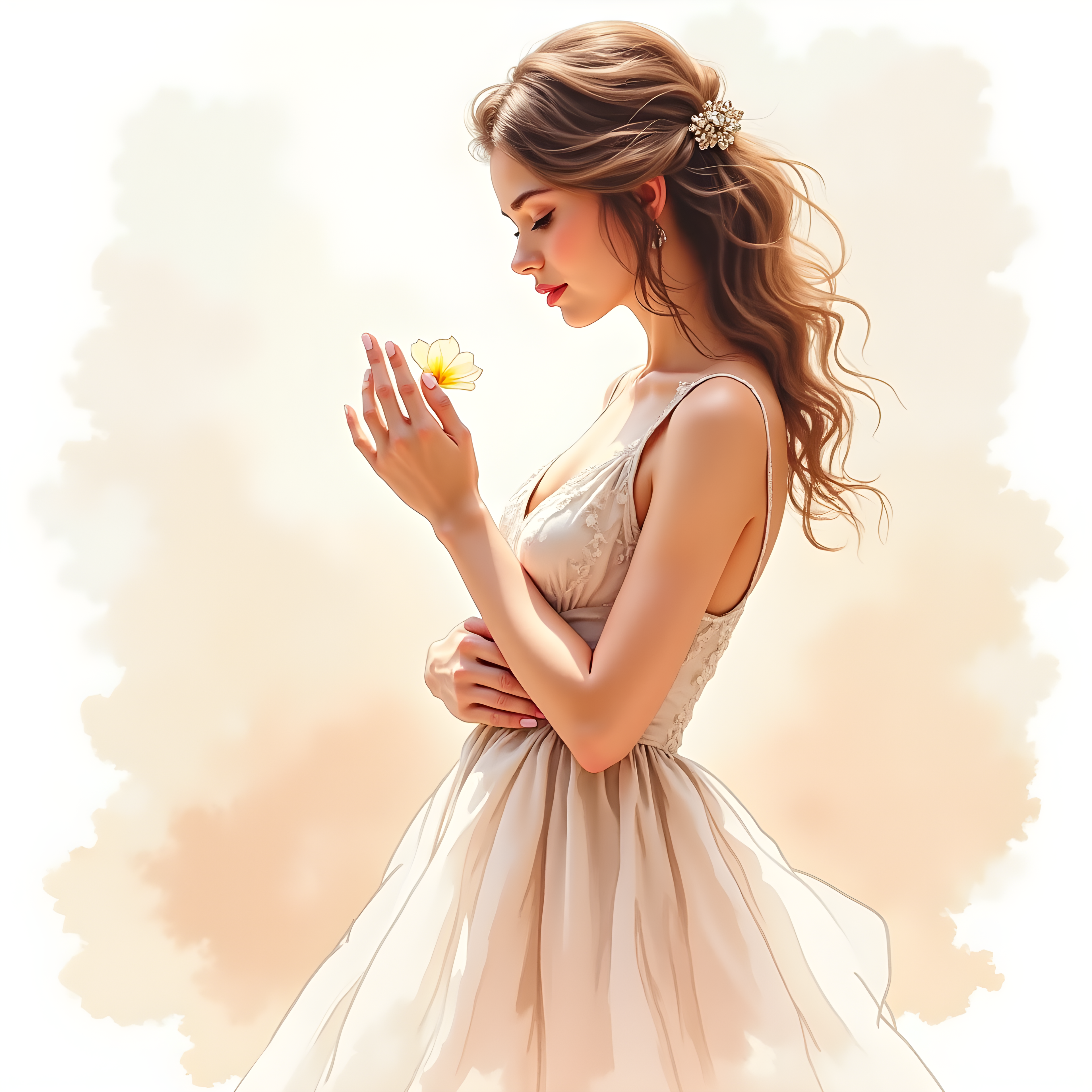 Woman with Yellow Flower Watercolor Portrait Wall Art