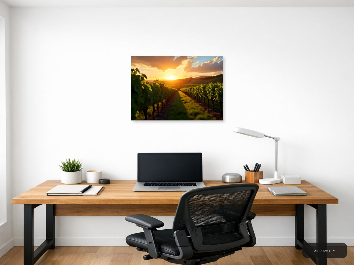 Golden Sunset Over Vineyard Rows Photography Wall Art — A3 / Office