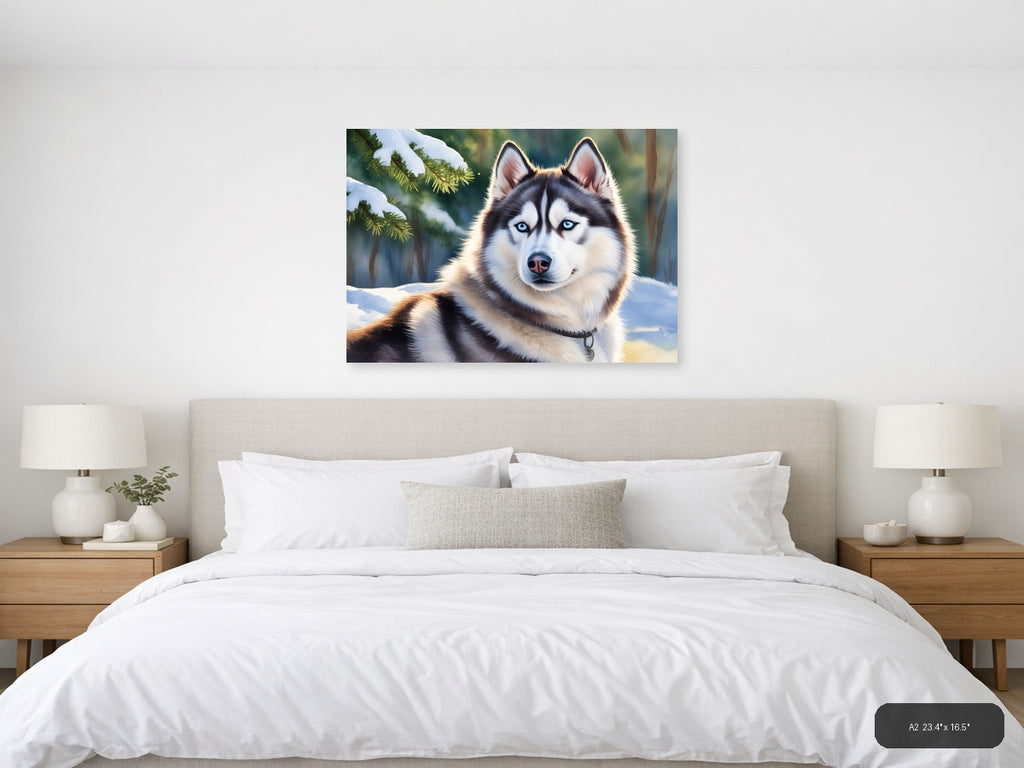Siberian Husky Blue Eyes Winter Forest Watercolor Wall Art — A2 / Bedroom