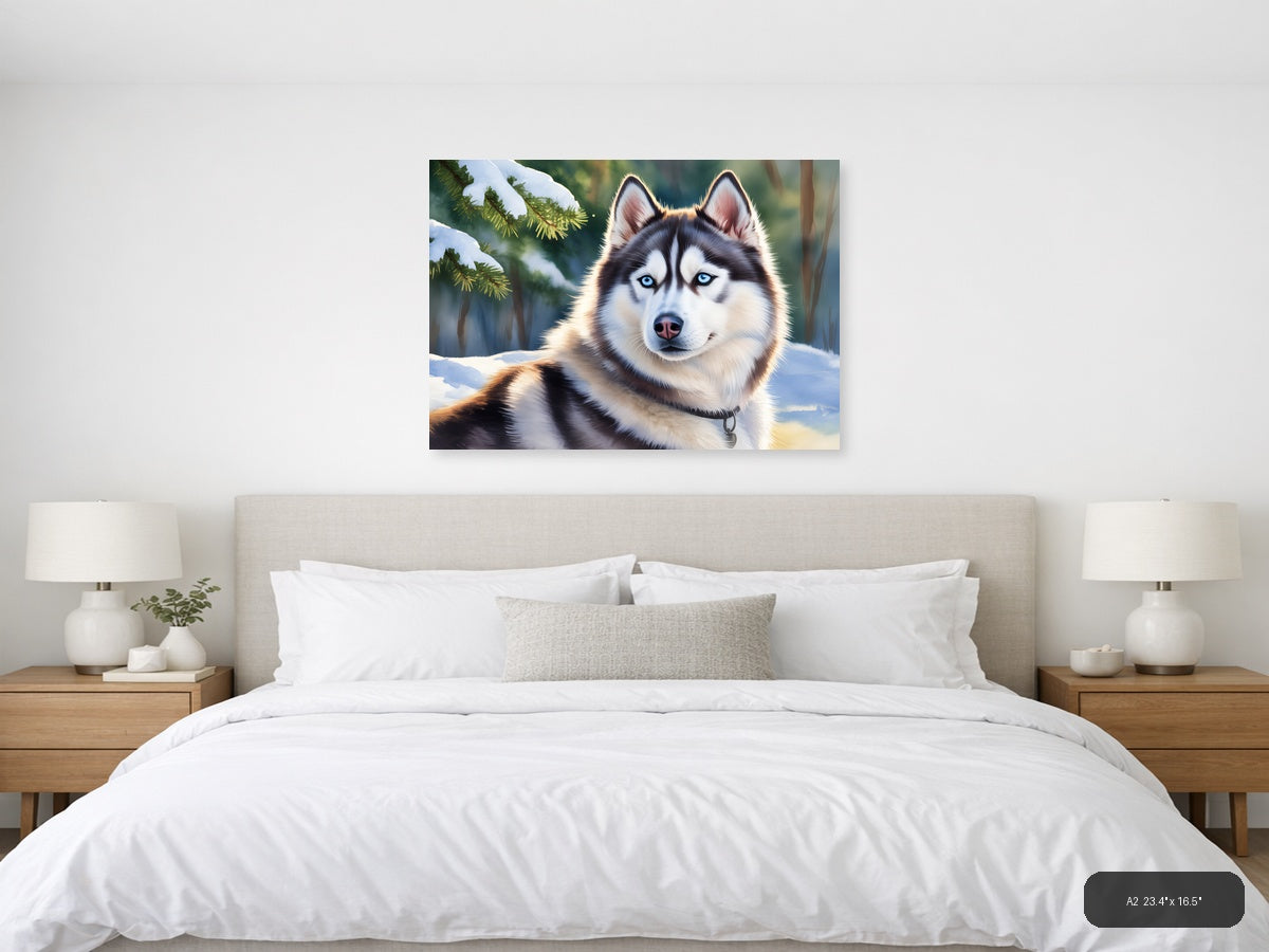 Siberian Husky Blue Eyes Winter Forest Watercolor Wall Art — A2 / Bedroom