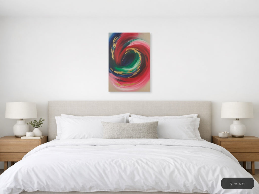 Red & Green Spiral Abstract with Gold Accents Wall Art — A2 / Bedroom