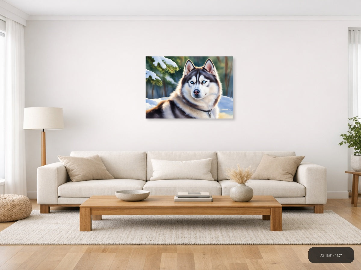 Siberian Husky Blue Eyes Winter Forest Watercolor Wall Art — A3 / Living Room