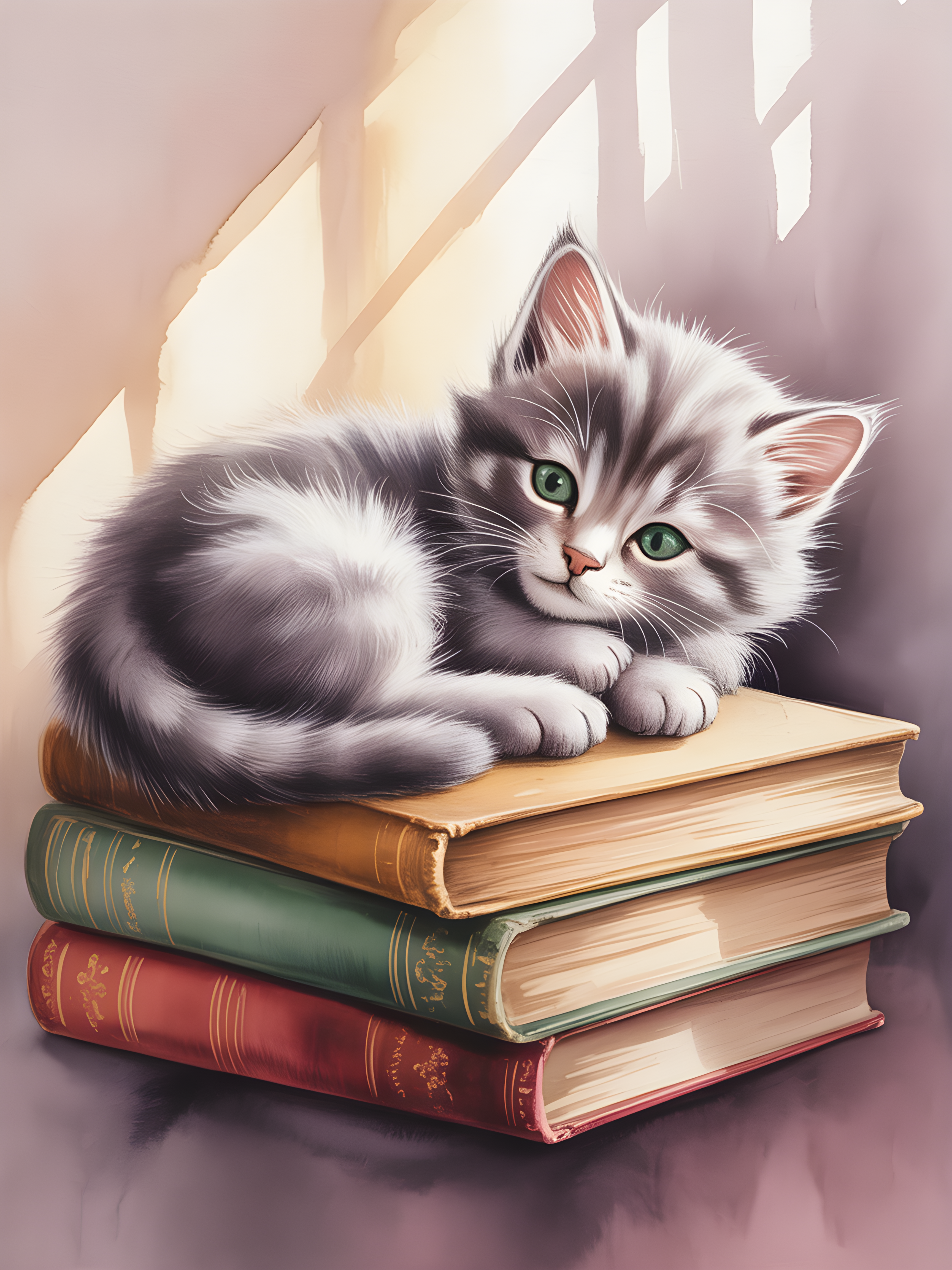 Kitten on Books Watercolor Portrait Wall Art