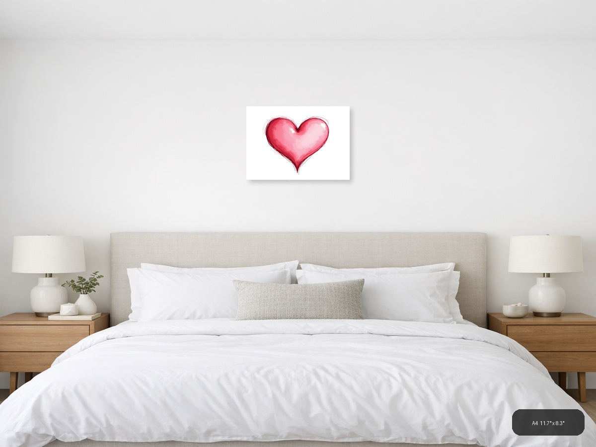Pink Watercolor Heart Line Art Wall Art — A4 / Bedroom
