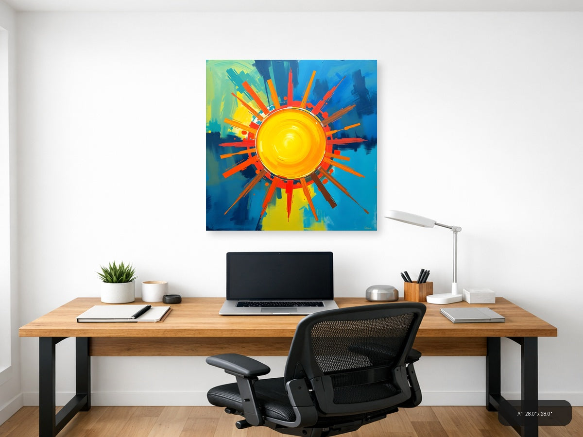 Abstract Sun Burst Modern Art | Vibrant Yellow Blue Wall Art — A1 / Office