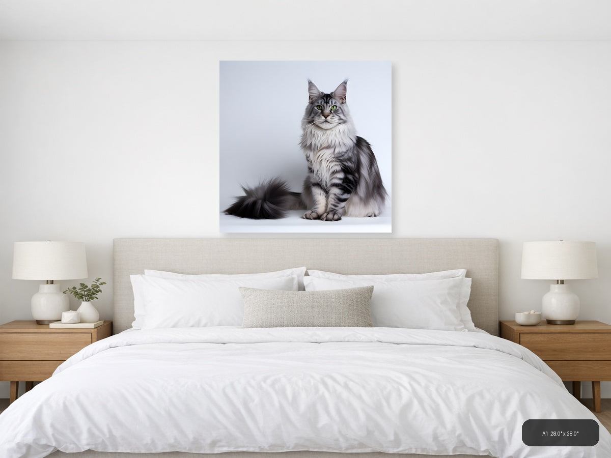 Gray Tabby Cat with Green Eyes Minimalist Wall Art — A1 / Bedroom