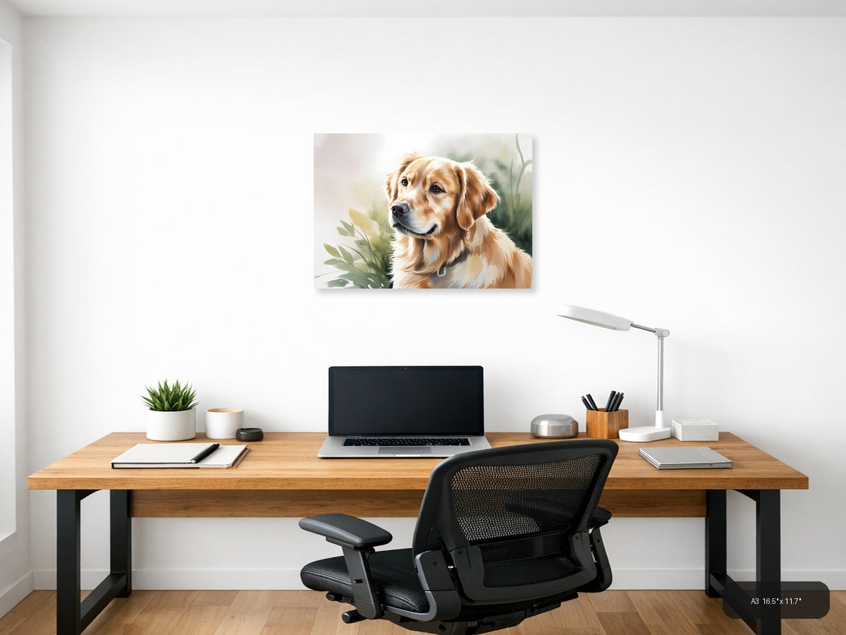Golden Retriever Portrait Watercolor Wall Art — A3 / Office