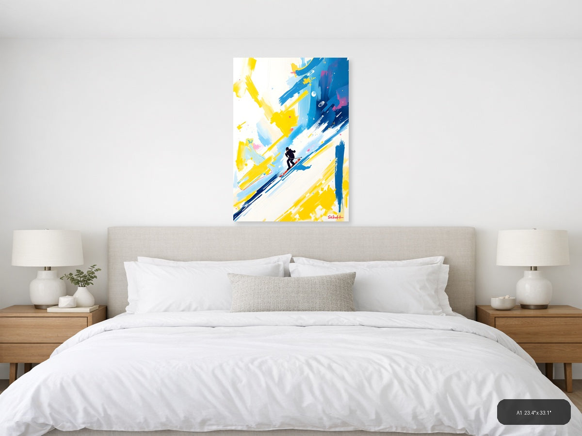 Abstract Skier in Blue & Yellow Strokes Wall Art — A1 / Bedroom