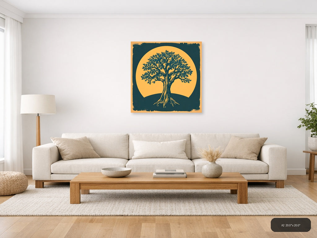 Vintage Tree of Life Against Golden Sun Wall Art — A2 / Living Room