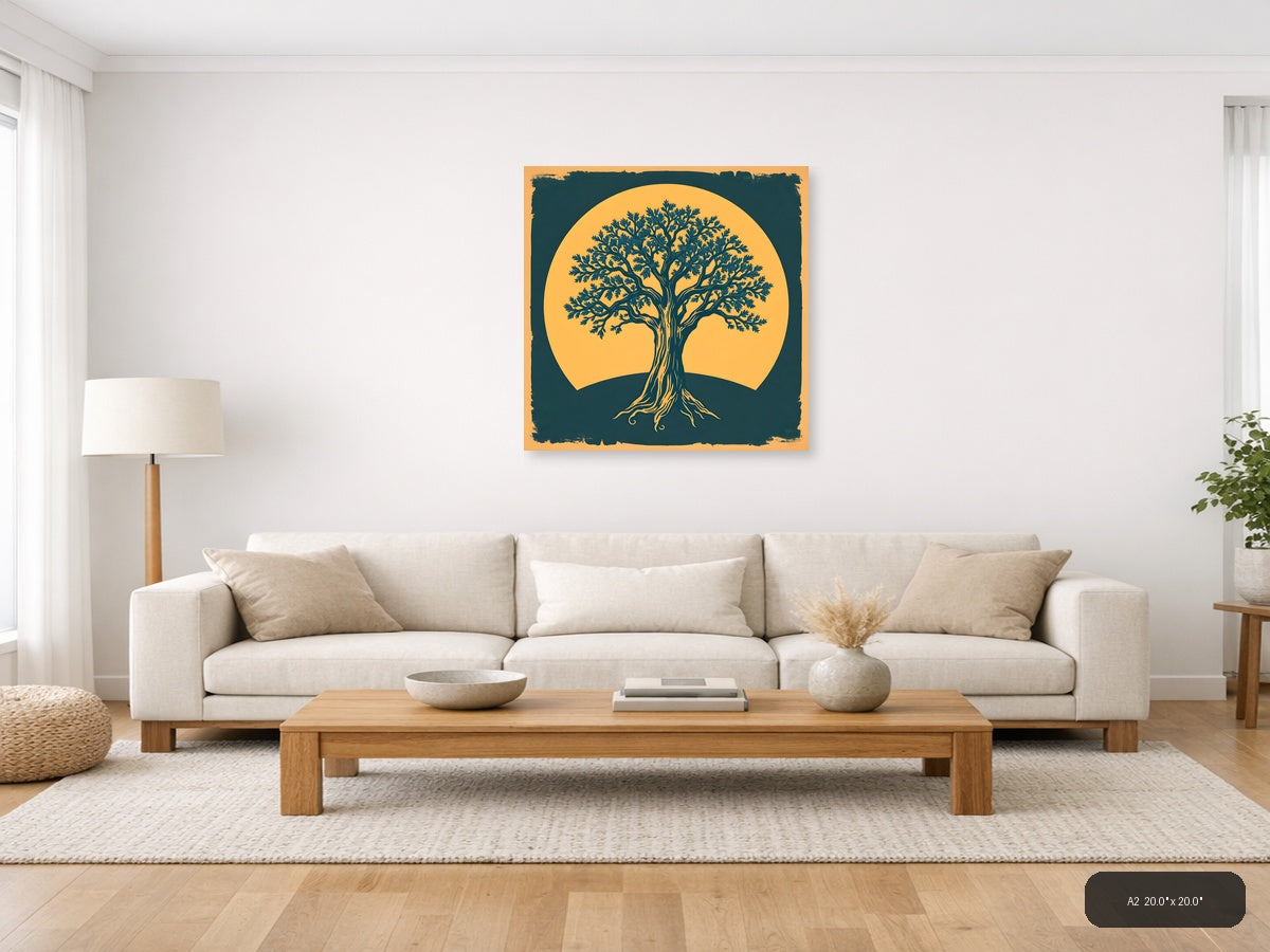 Vintage Tree of Life Against Golden Sun Wall Art — A2 / Living Room