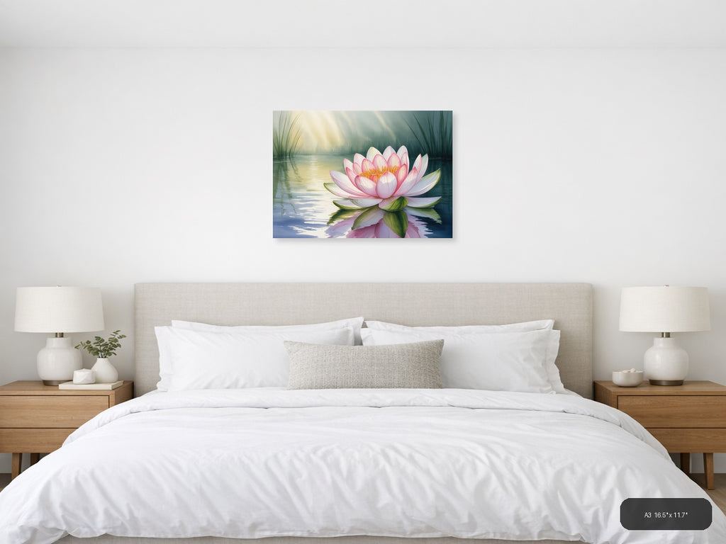Pink Water Lily Watercolor Landscape Wall Art — A3 / Bedroom