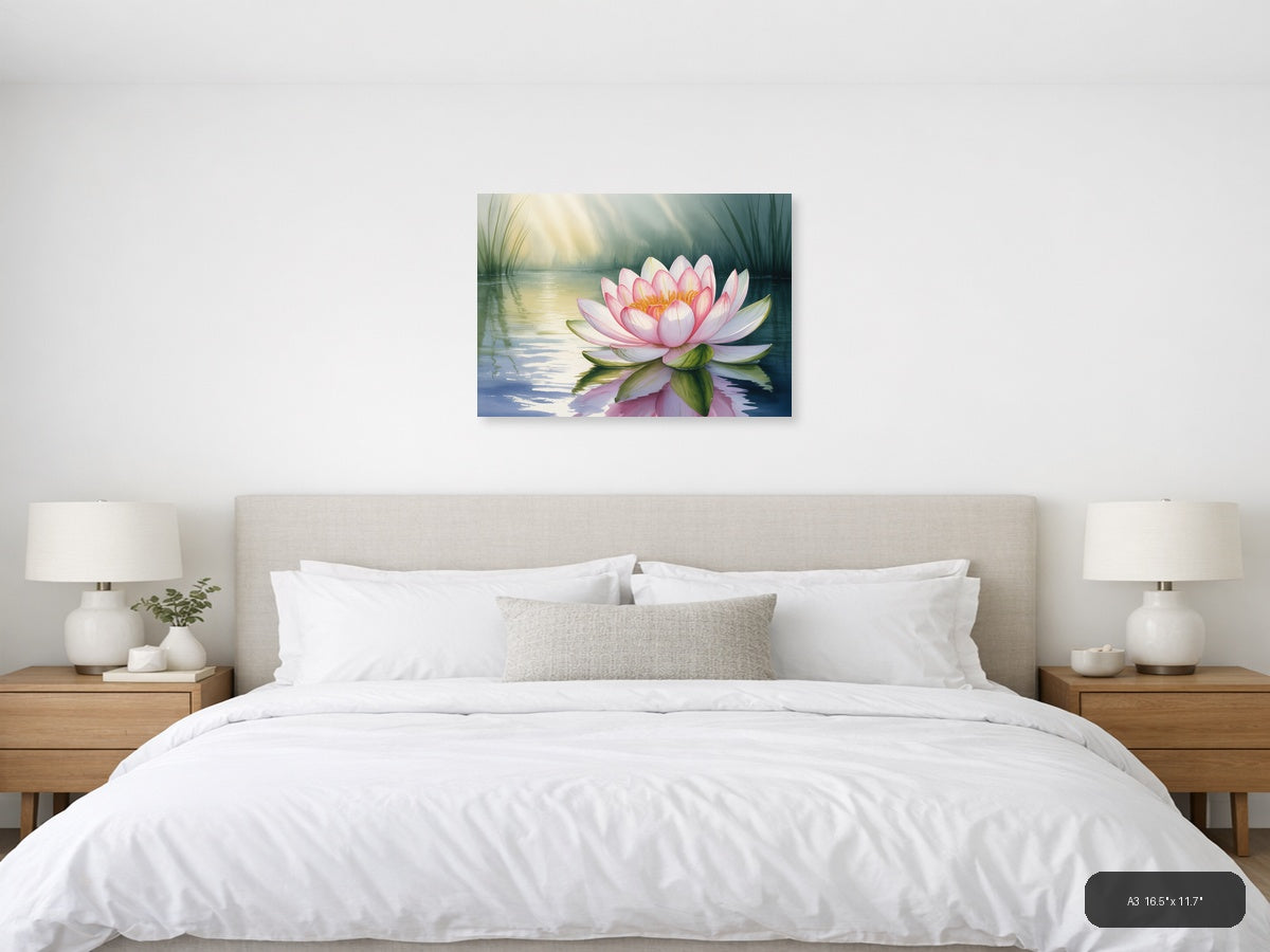 Pink Water Lily Watercolor Landscape Wall Art — A3 / Bedroom