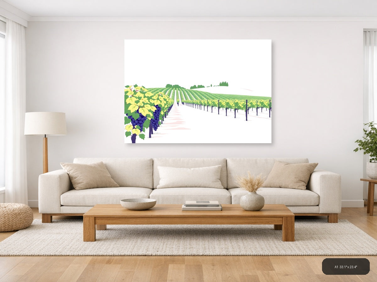 Minimalist Vineyard Landscape with Purple Grapes Wall Art — A1 / Living Room