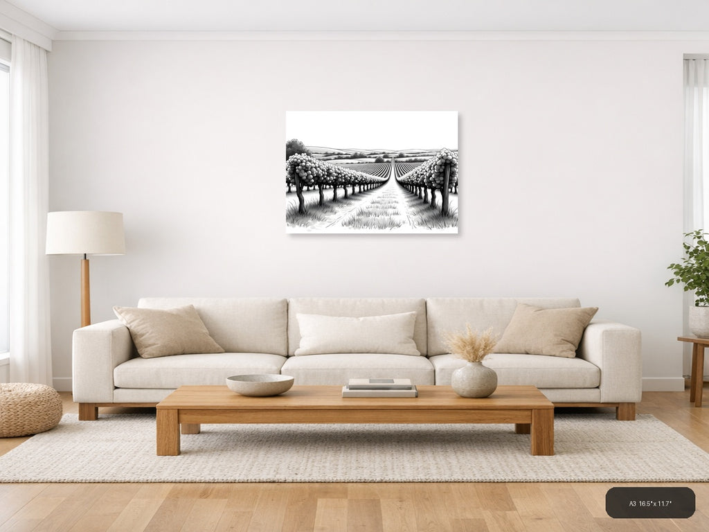 Vineyard Perspective Line Art - Landscape Wall Art — A3 / Living Room