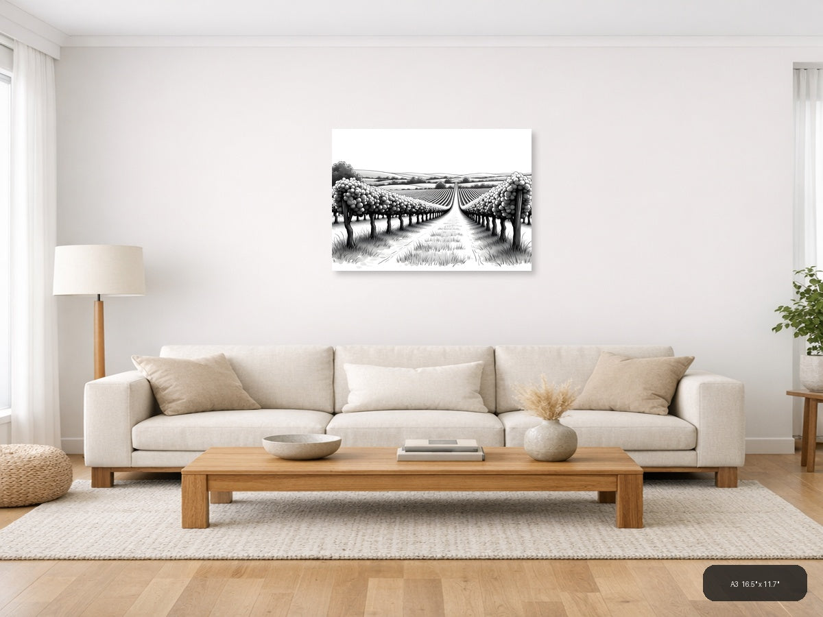 Vineyard Perspective Line Art - Landscape Wall Art — A3 / Living Room