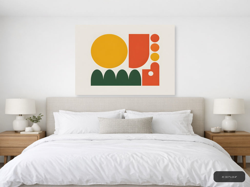 Minimalist Cactus & Geometric Shapes Landscape Wall Art — A1 / Bedroom