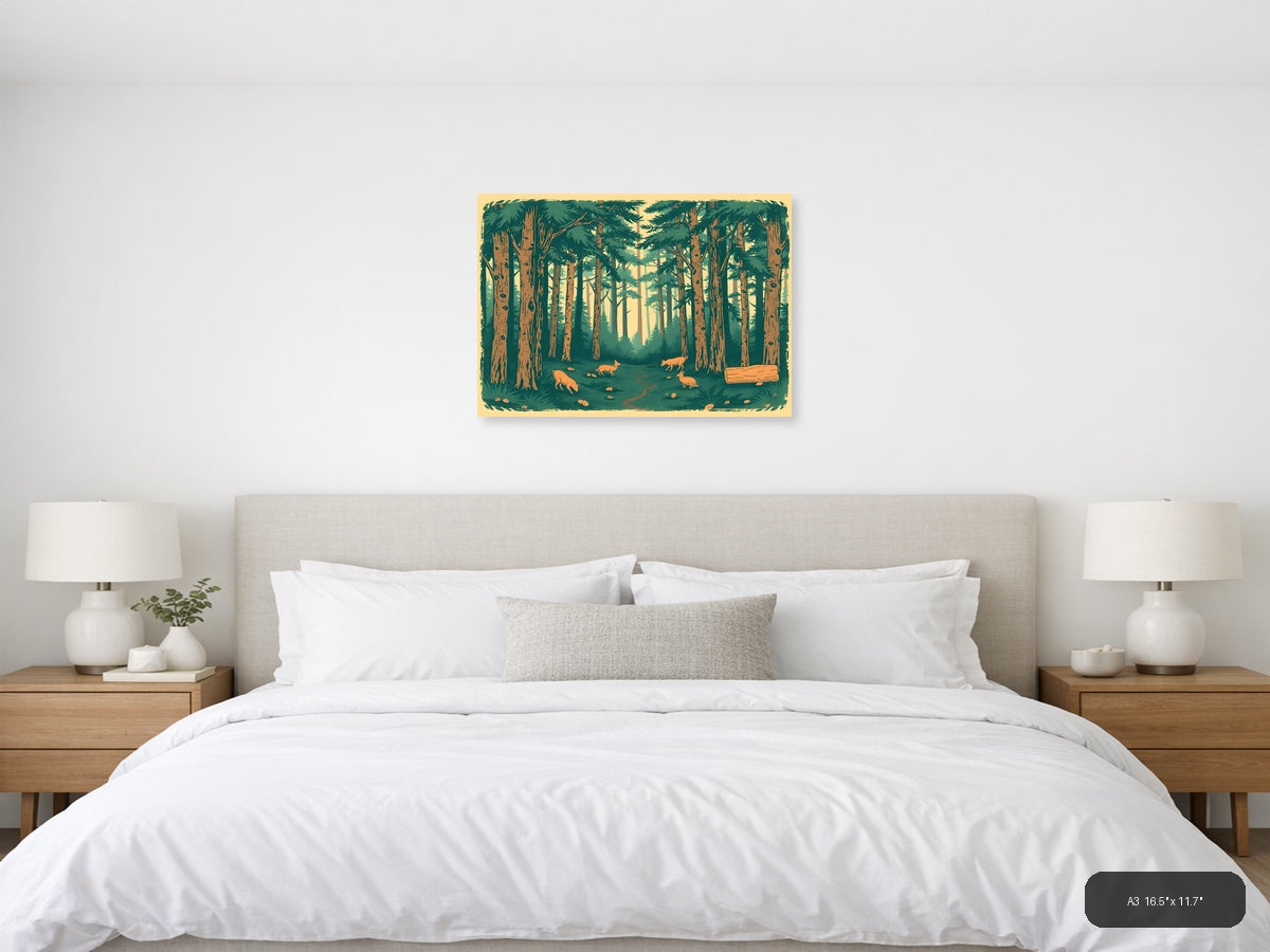 Vintage Forest Scene with Deer - Landscape Wall Art — A3 / Bedroom