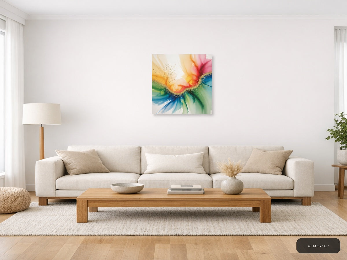 Rainbow Watercolor Flower with Gold Sparkle Wall Art — A3 / Living Room
