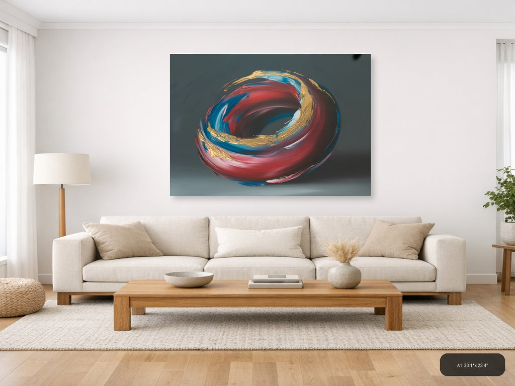 Red Blue Gold Abstract Swirl Circle Modern Wall Art — A1 / Living Room