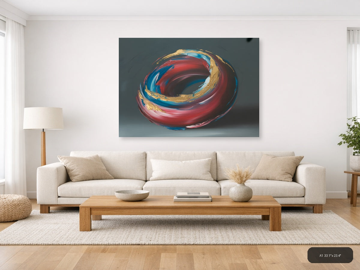 Red Blue Gold Abstract Swirl Circle Modern Wall Art — A1 / Living Room
