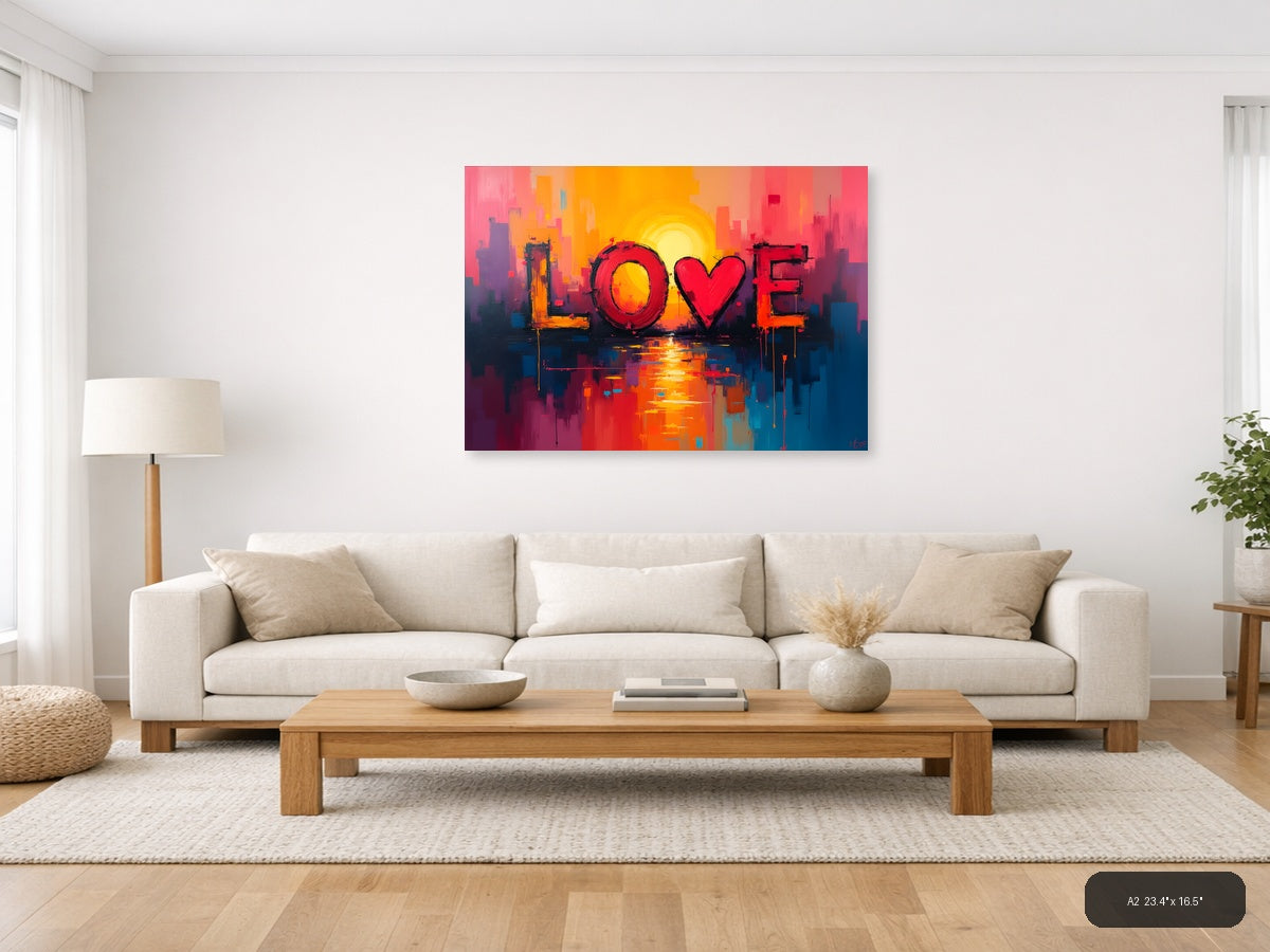 LOVE Abstract Sunset Cityscape Canvas Wall Art — A2 / Living Room
