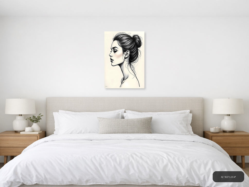 Profile Portrait Line Art Woman with Bun Hairstyle Wall Art — A2 / Bedroom