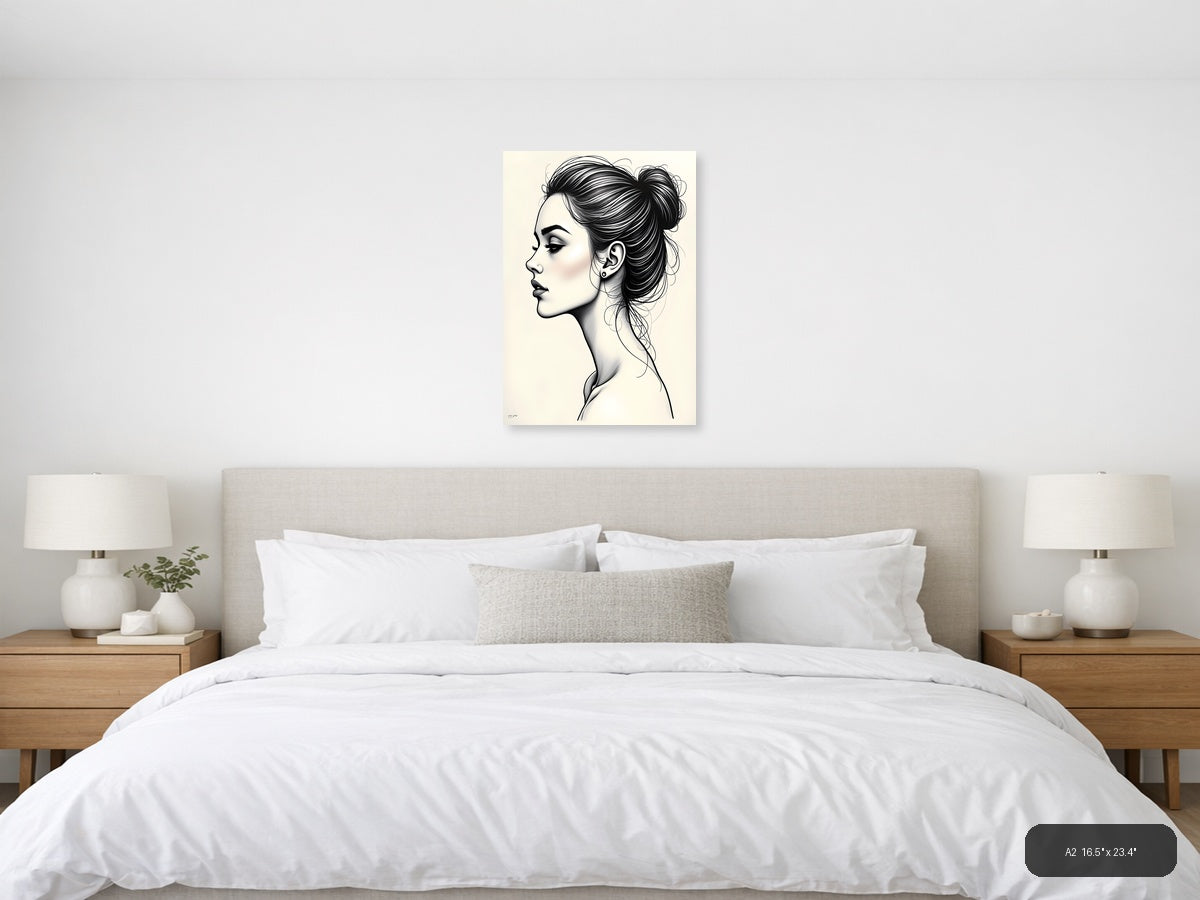 Profile Portrait Line Art Woman with Bun Hairstyle Wall Art — A2 / Bedroom