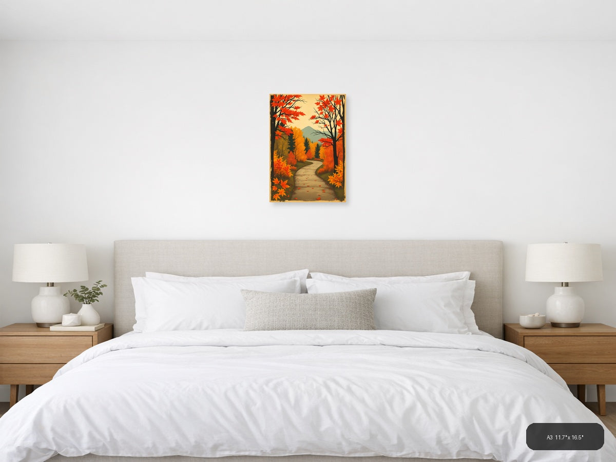 Vintage Autumn Forest Path with Mountain - Wall Art — A3 / Bedroom