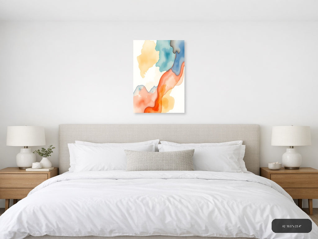 Abstract Watercolor Landscape with Warm Orange & Cool Blue Wall Art — A2 / Bedroom