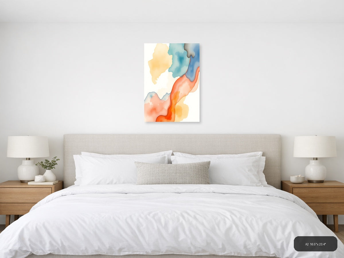 Abstract Watercolor Landscape with Warm Orange & Cool Blue Wall Art — A2 / Bedroom