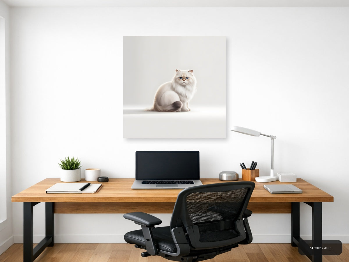 White Persian Cat with Blue Eyes Minimalist Wall Art — A1 / Office