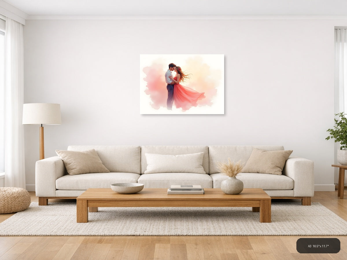 Romantic Couple Watercolor Illustration Wall Art — A3 / Living Room