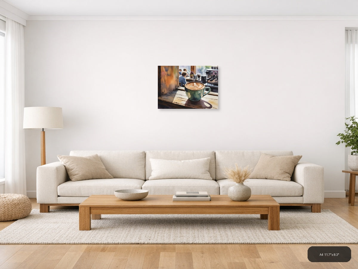 Latte Art Café Window - Watercolor Wall Art — A4 / Living Room