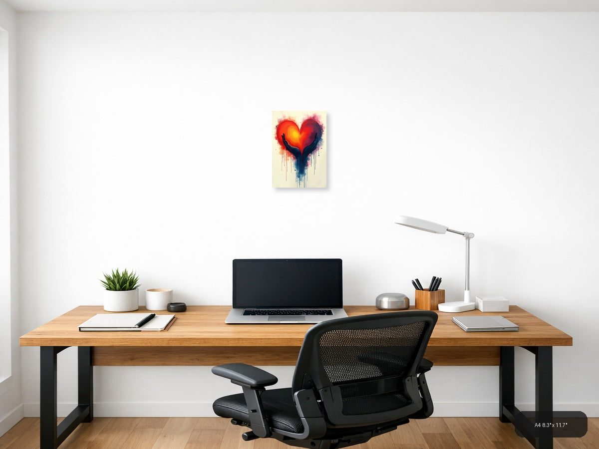 Hands Holding Glowing Heart Abstract Watercolor Wall Art — A4 / Office