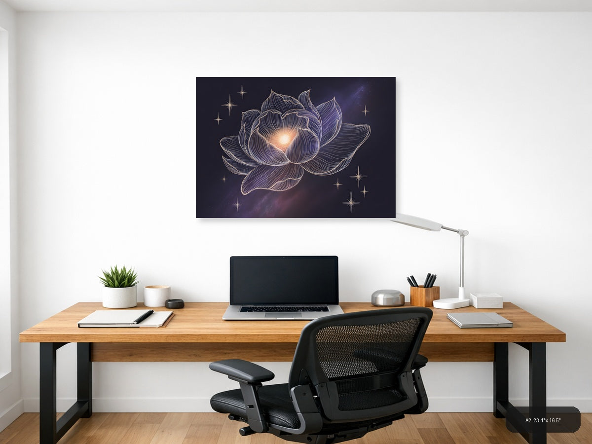 Glowing Lotus Flower Line Art With Stars Wall Art — A2 / Office