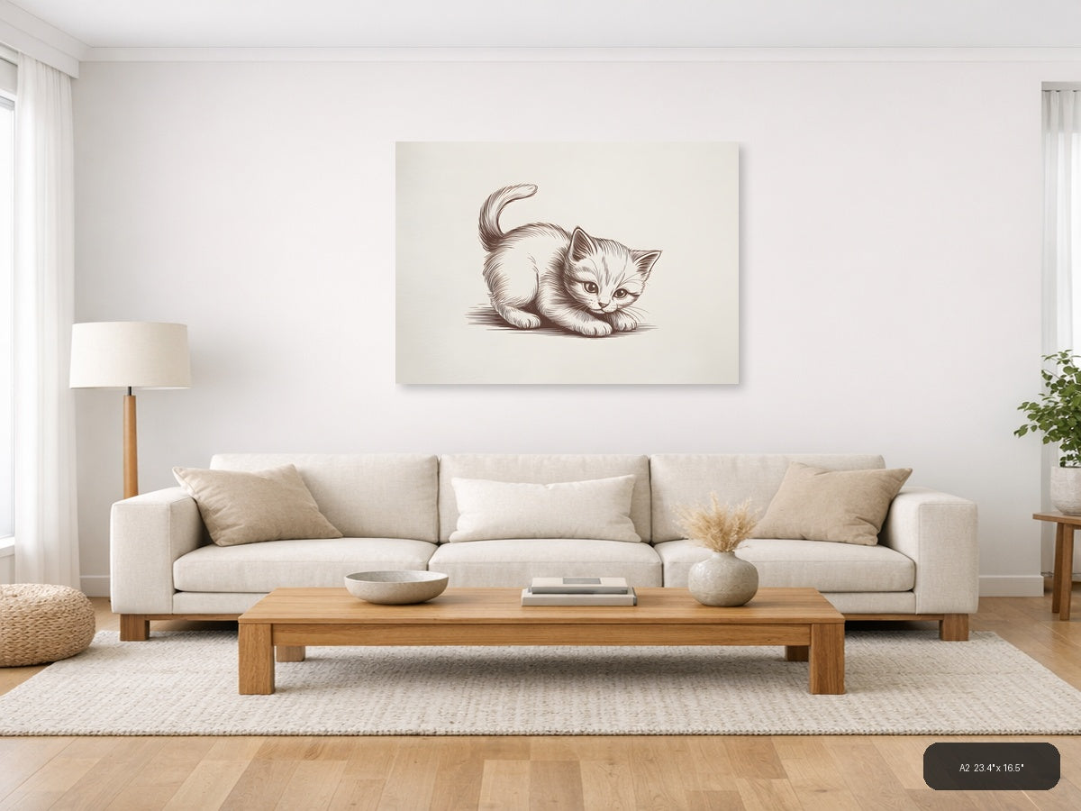 Playful Kitten Line Art Drawing Wall Art — A2 / Living Room