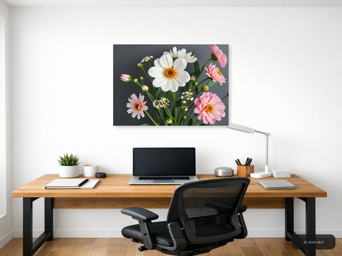 White Daisy & Pink Gerbera Minimalist Flower Wall Art — A2 / Office