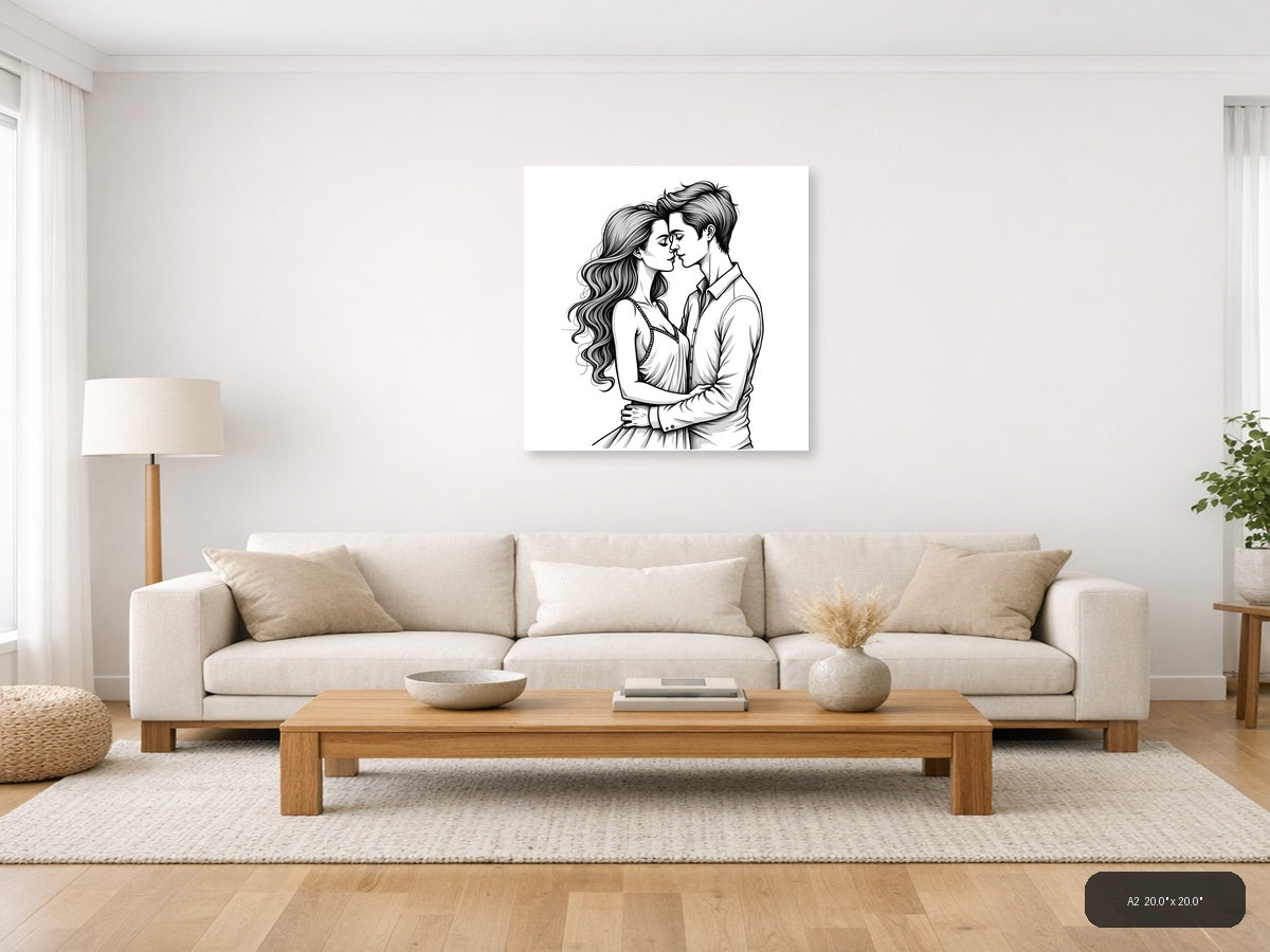 Romantic Couple Line Art Portrait Wall Art — A2 / Living Room