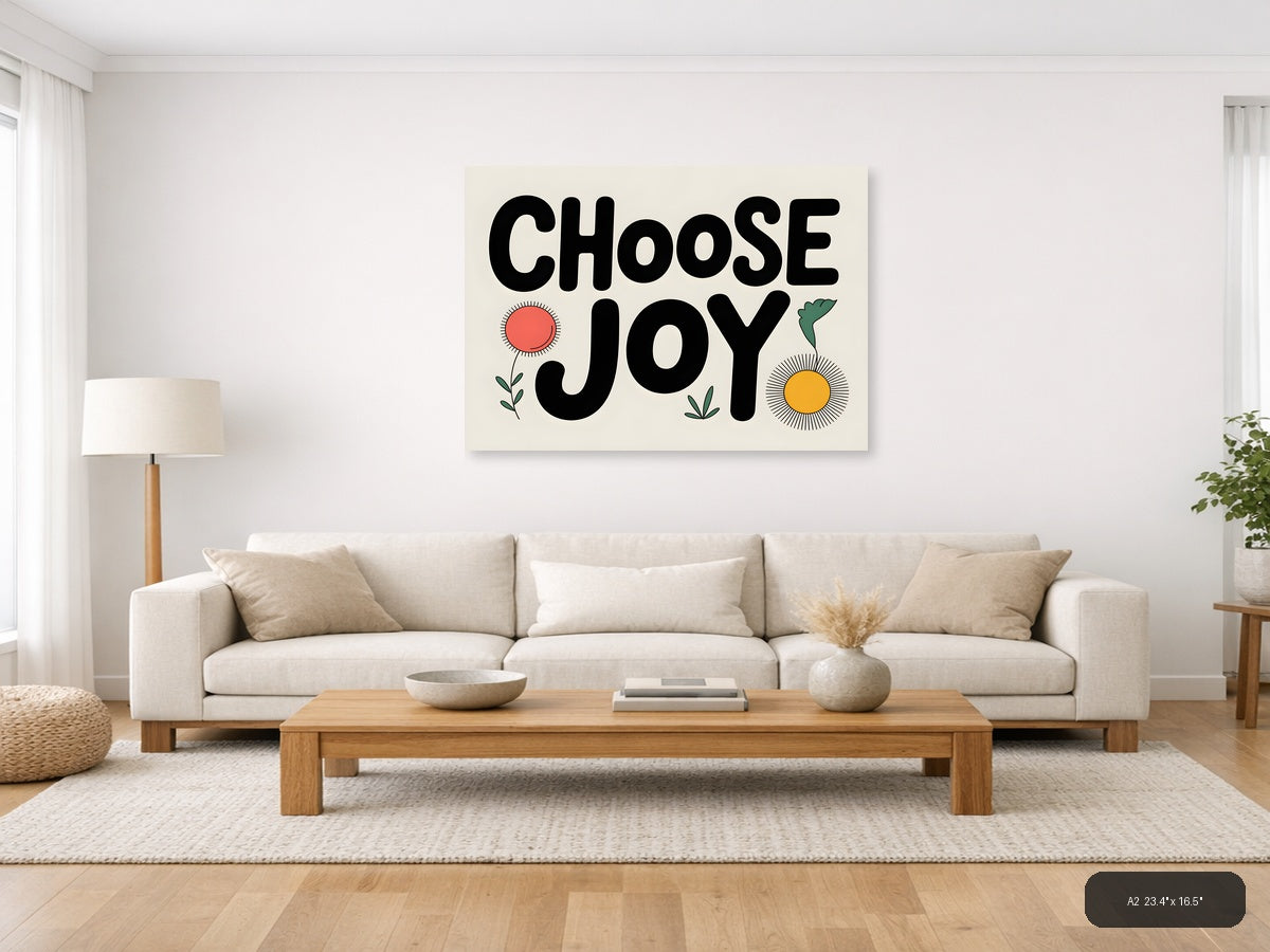 Choose Joy Line Art Print with Flowers and Sun Wall Art — A2 / Living Room