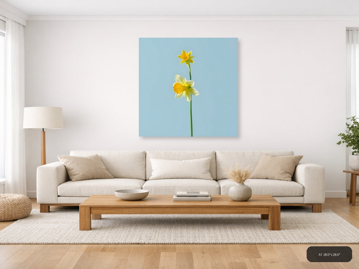 Two Yellow Daffodils Minimalist Botanical Wall Art — A1 / Living Room