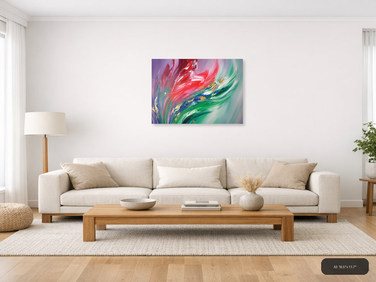 Red & Green Flowing Abstract Brushstroke Modern Wall Art — A3 / Living Room