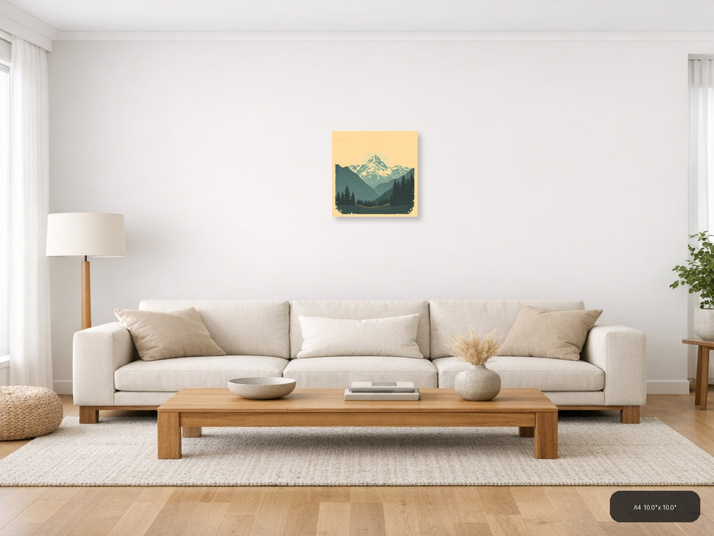 Vintage Mountain Valley with Snow Peak Wall Art — A4 / Living Room