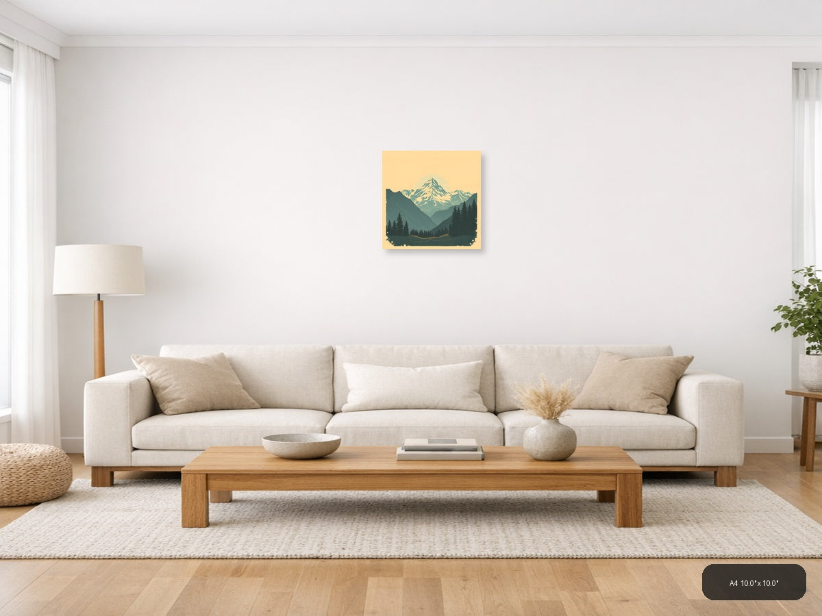 Vintage Mountain Valley with Snow Peak Wall Art — A4 / Living Room